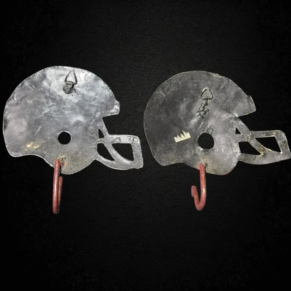 Vintage Minnie Signed Metal Football Helmet Wall Hooks Pair - Rustic